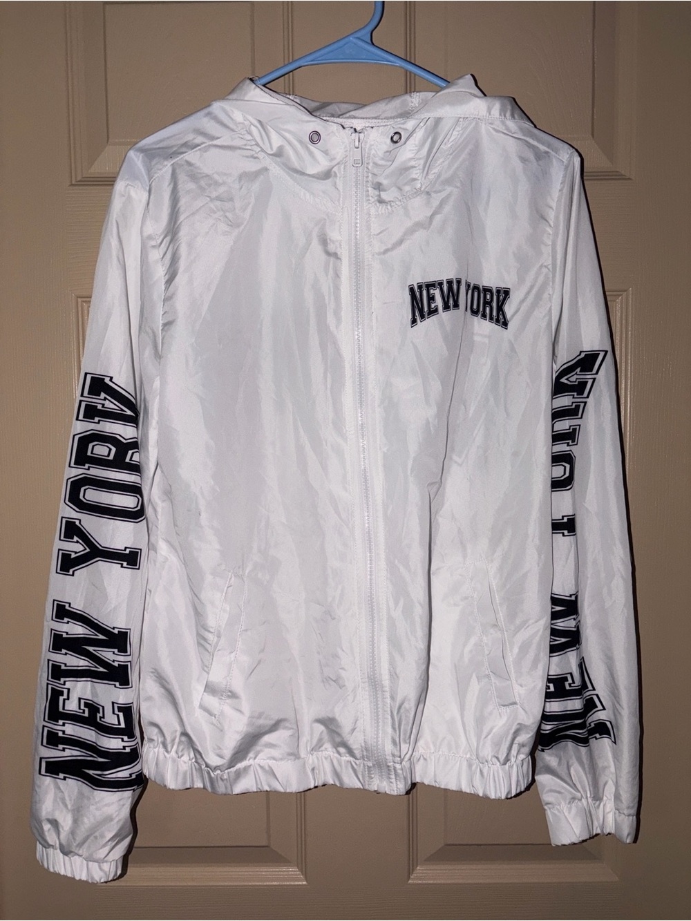 White 'New York' Hooded Varsity Jacket